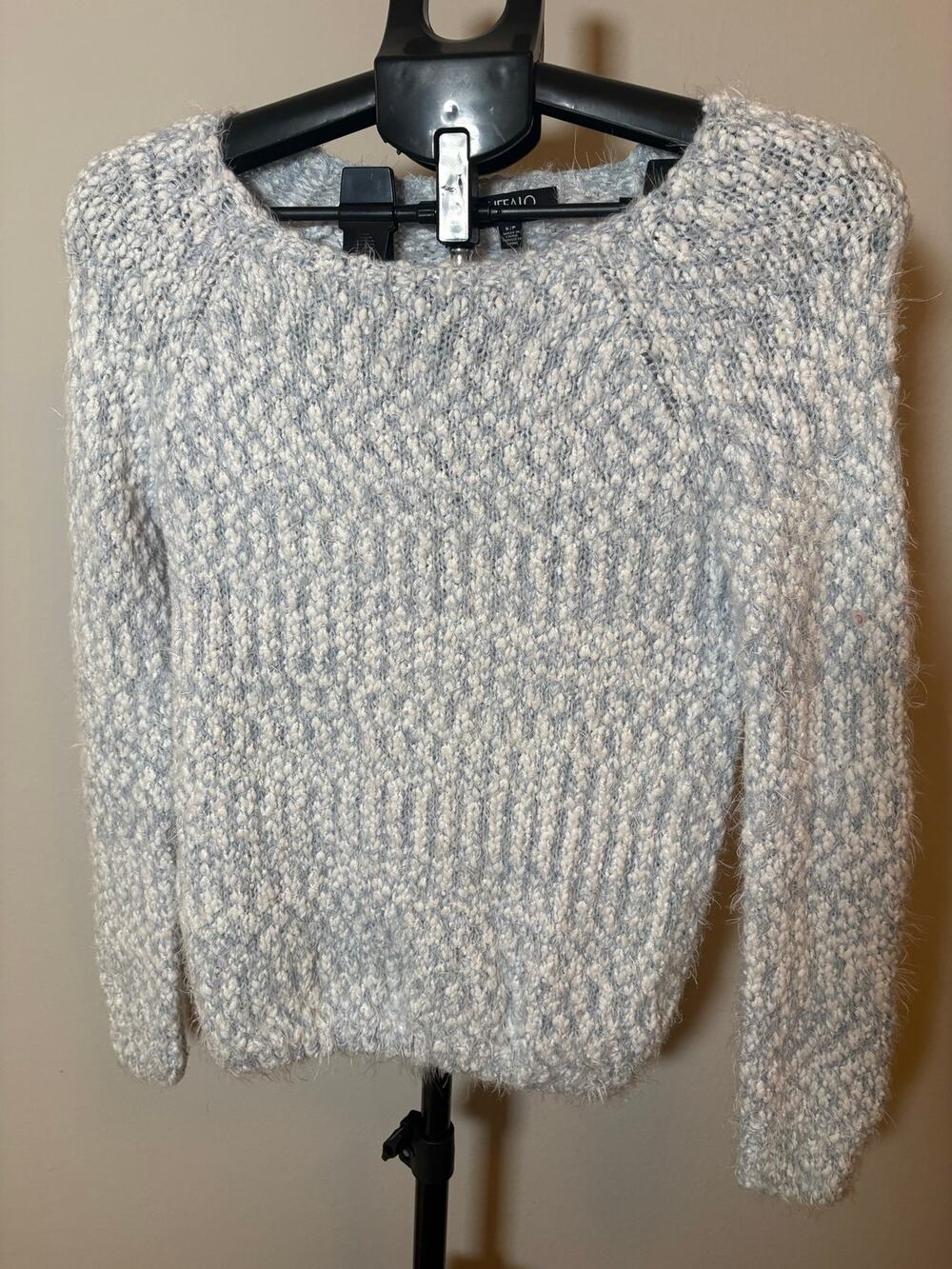 Buffalo David Bitton Womens S Blue/White Marled Bouclé Knit Crewneck Sweater